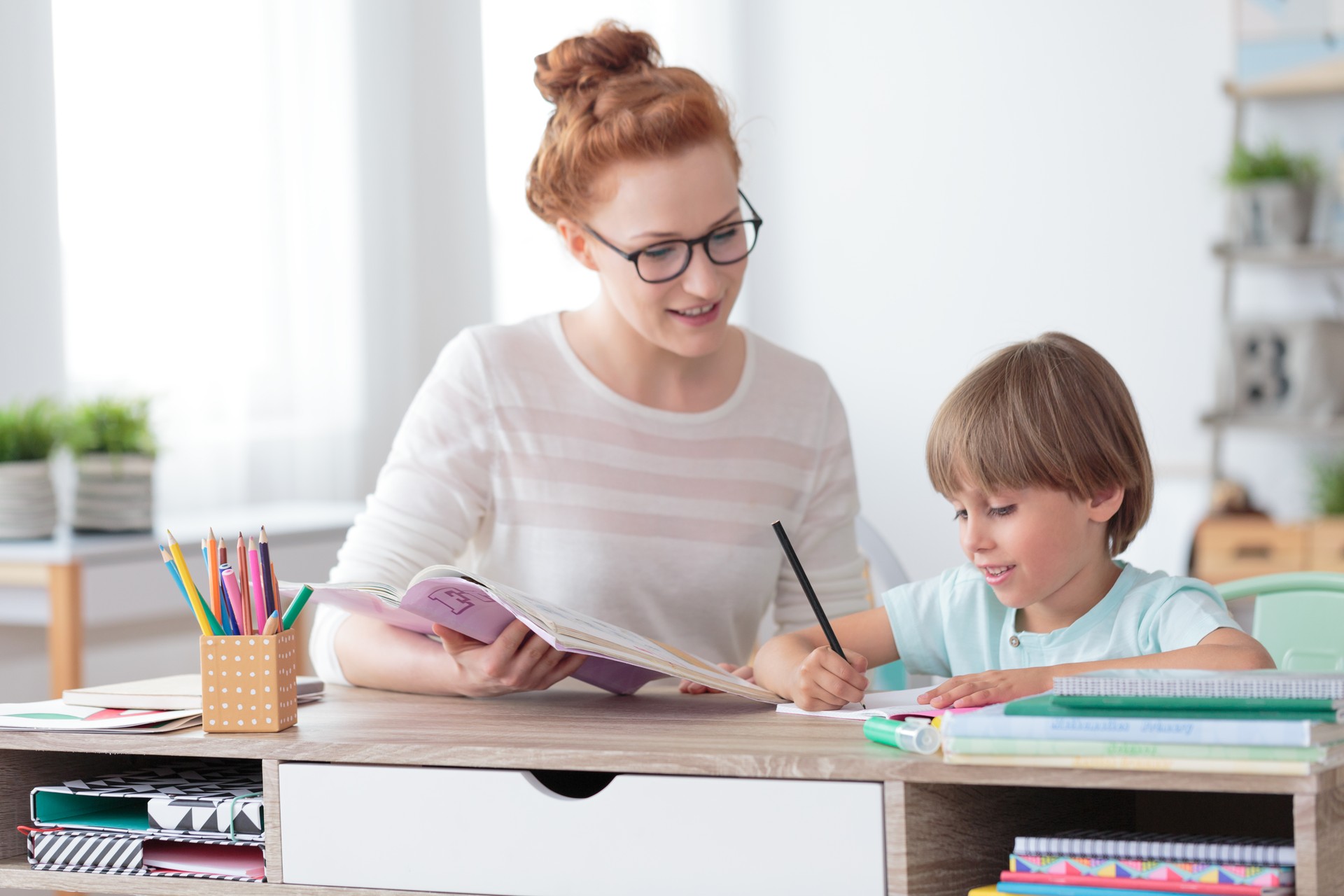 Private tutor helping young student